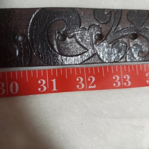 Brighton Dark Brown Handtooled Leather Belt with Silver Heart Oval Buckle - Picture 11 of 15